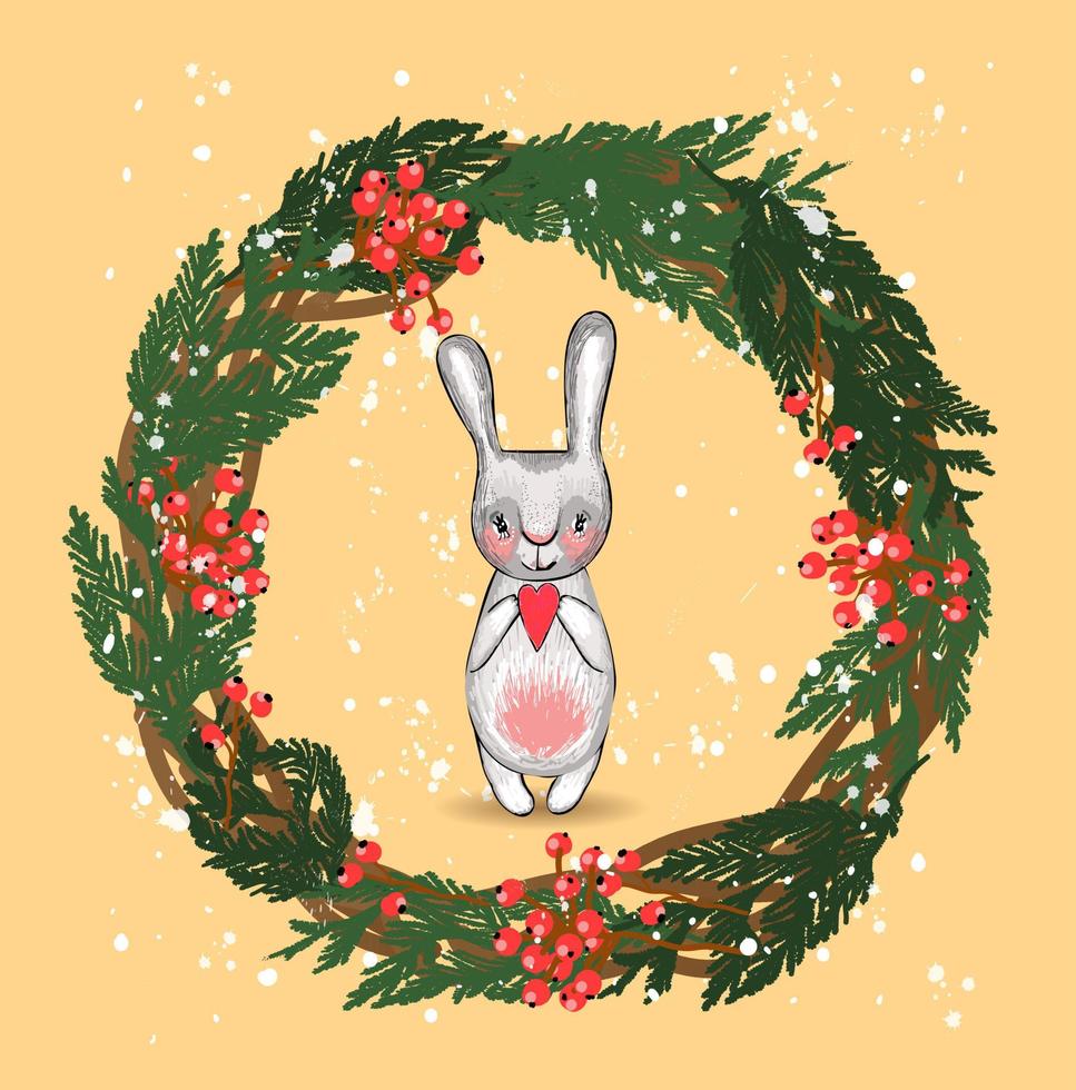 Christmas wreath. Vector illustration. New Year's hare. Coniferous branches and decorations.