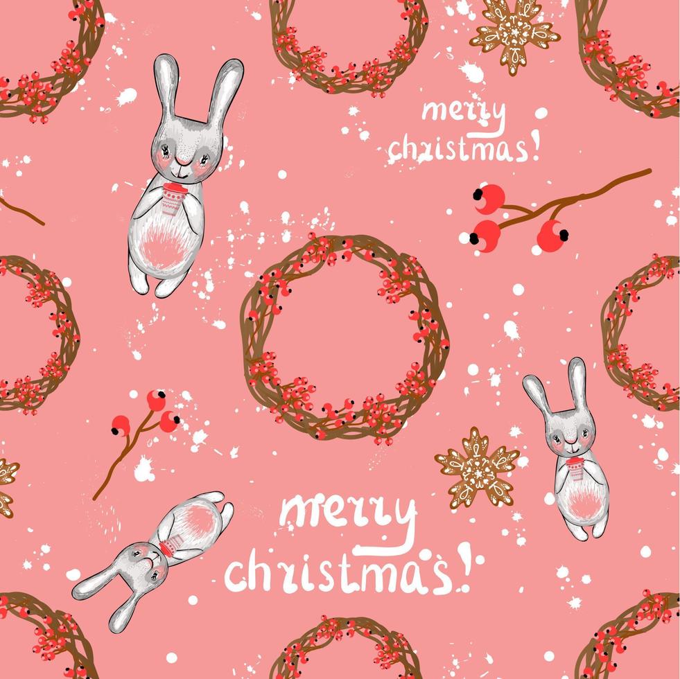 Christmas seamless pattern. Vector illustration. New Year's rabbit. Coniferous branches and decorations.