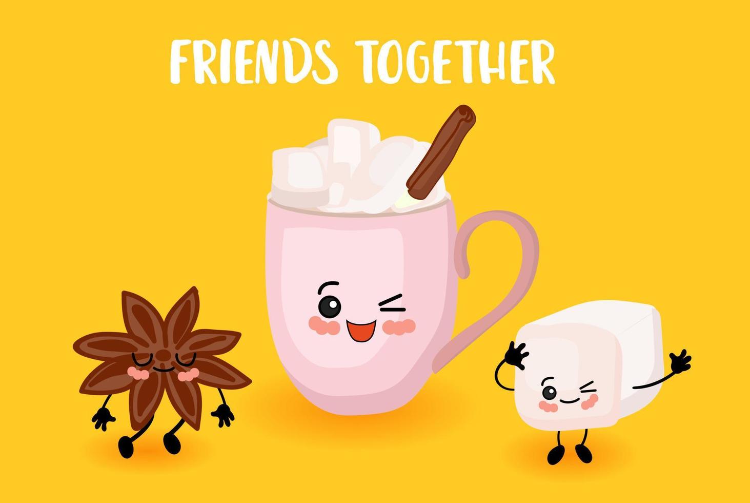 Cinnamon, marshmallows and a cute pink cup with hot chocolate. Cartoon characters vector