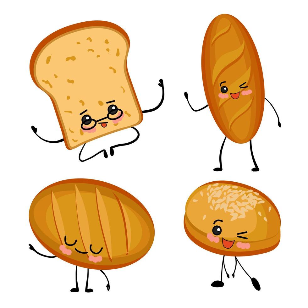 bakery products, bread of various kinds. Long loaf, baguette, pretzel, kalach and buns. Cartoon characters with eyes on a white background. vector