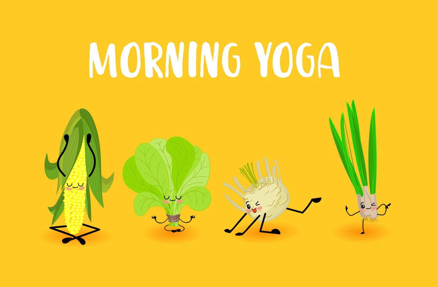 Celery, corn, spinach and chives. Vegan and vegetarian food. Vegetable Yoga. Character with eyes and hands vector