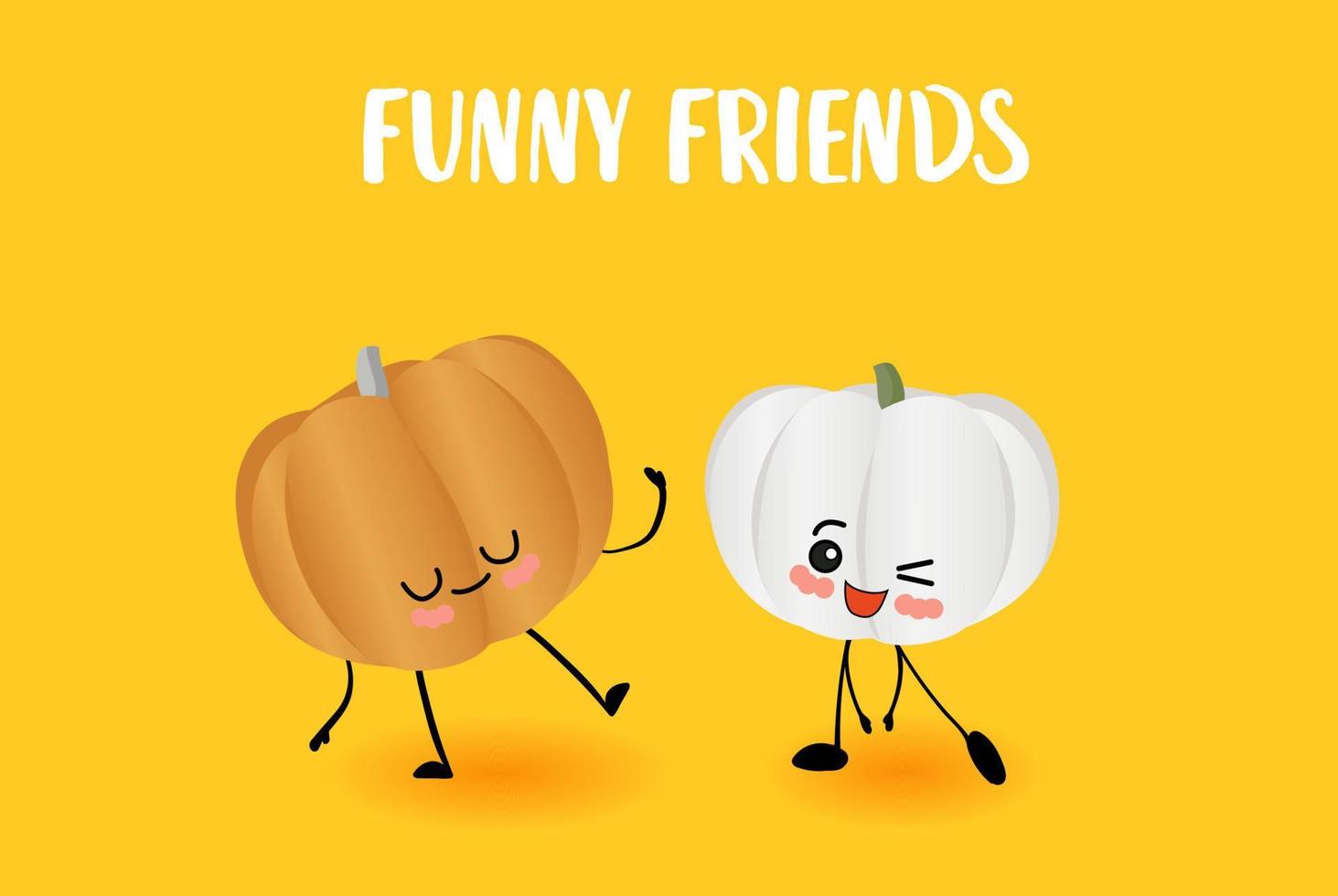 Funny pumpkins. Useful vegetables. Yellow autumn background. Vegetarianism. vector