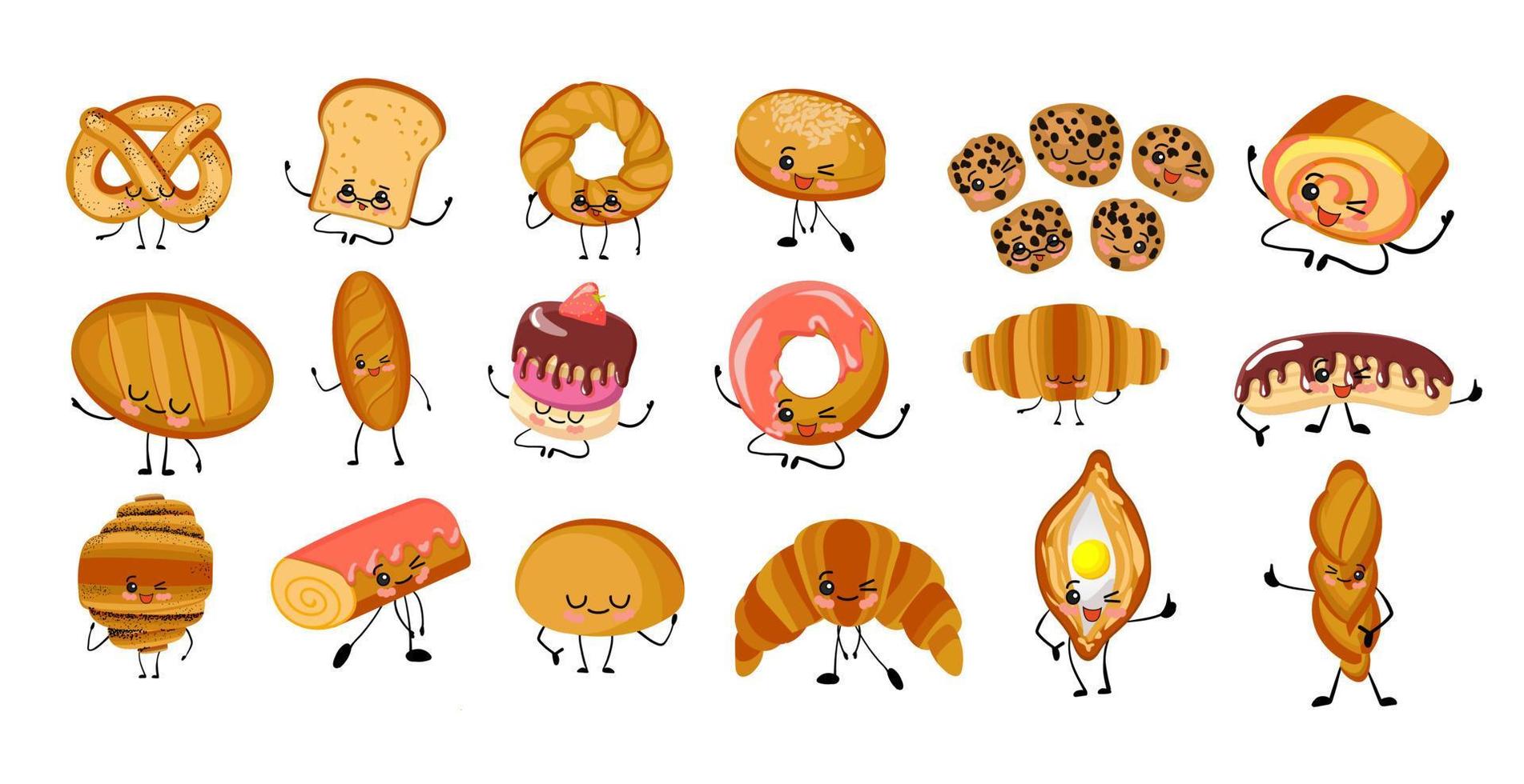Large set of isolated illustrations on a white background. The bread is different. Baguette, loaf, sandwich buns, muffins and rolls. Wheat and rye bread products. Cute characters. vector