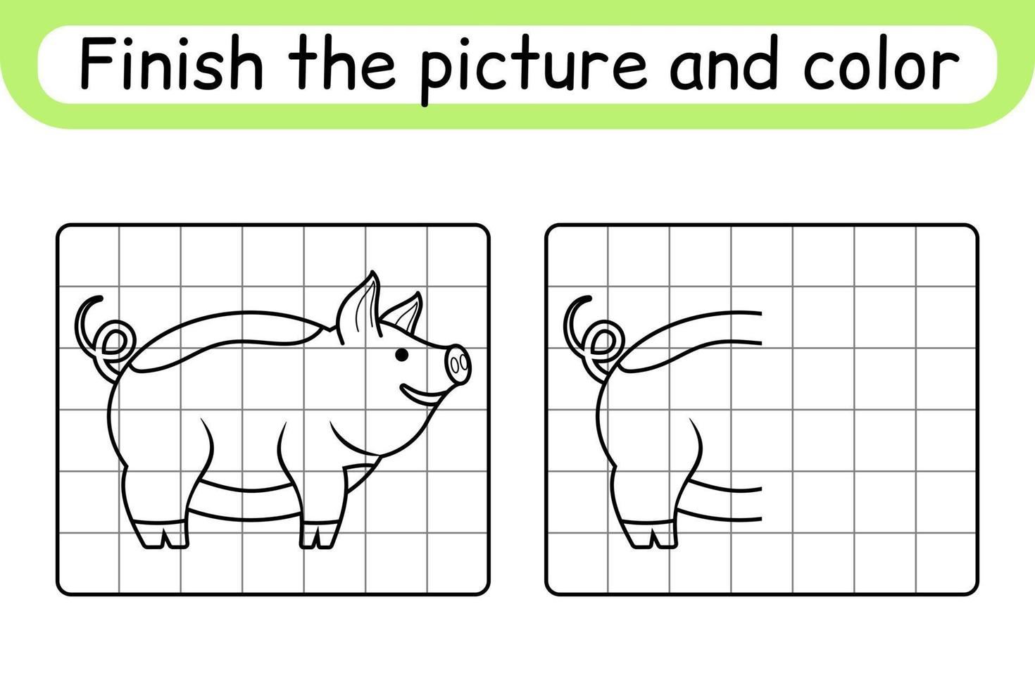 Complete the picture pig. Copy the picture and color. Finish the image. Coloring book. Educational drawing exercise game for children vector