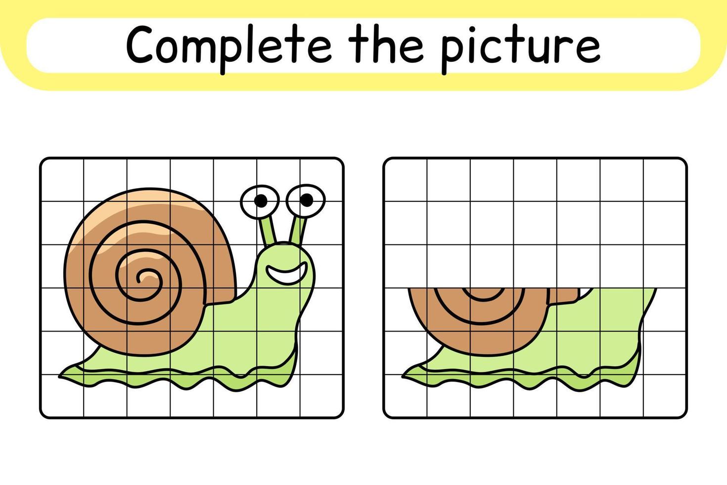 Complete the picture snail. Copy the picture and color. Finish the image. Coloring book. Educational drawing exercise game for children vector