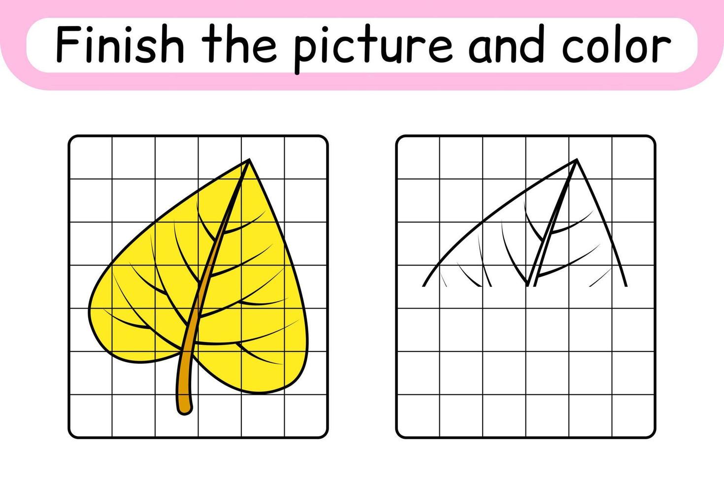 Complete the picture leaf birch. Copy the picture and color. Finish the image. Coloring book. Educational drawing exercise game for children vector