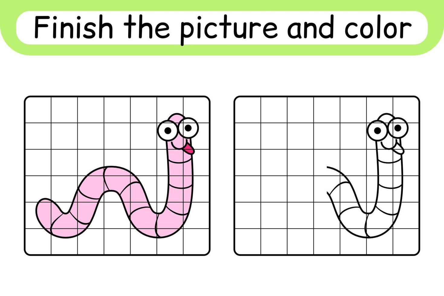 Complete the picture worm. Copy the picture and color. Finish the image. Coloring book. Educational drawing exercise game for children vector