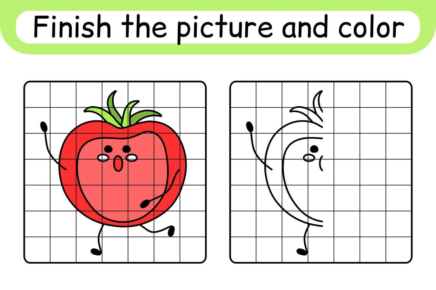 Complete the picture tomato. Copy the picture and color. Finish the image. Coloring book. Educational drawing exercise game for children vector