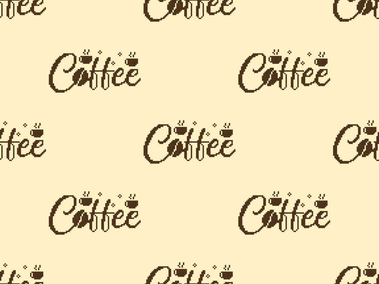 Coffee cartoon character seamless pattern on yellow background. Pixel style vector