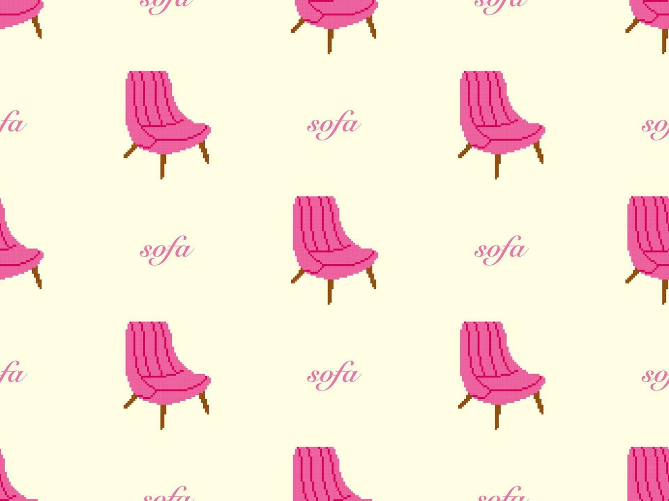 Sofa cartoon character seamless pattern on yellow background. Pixel style vector