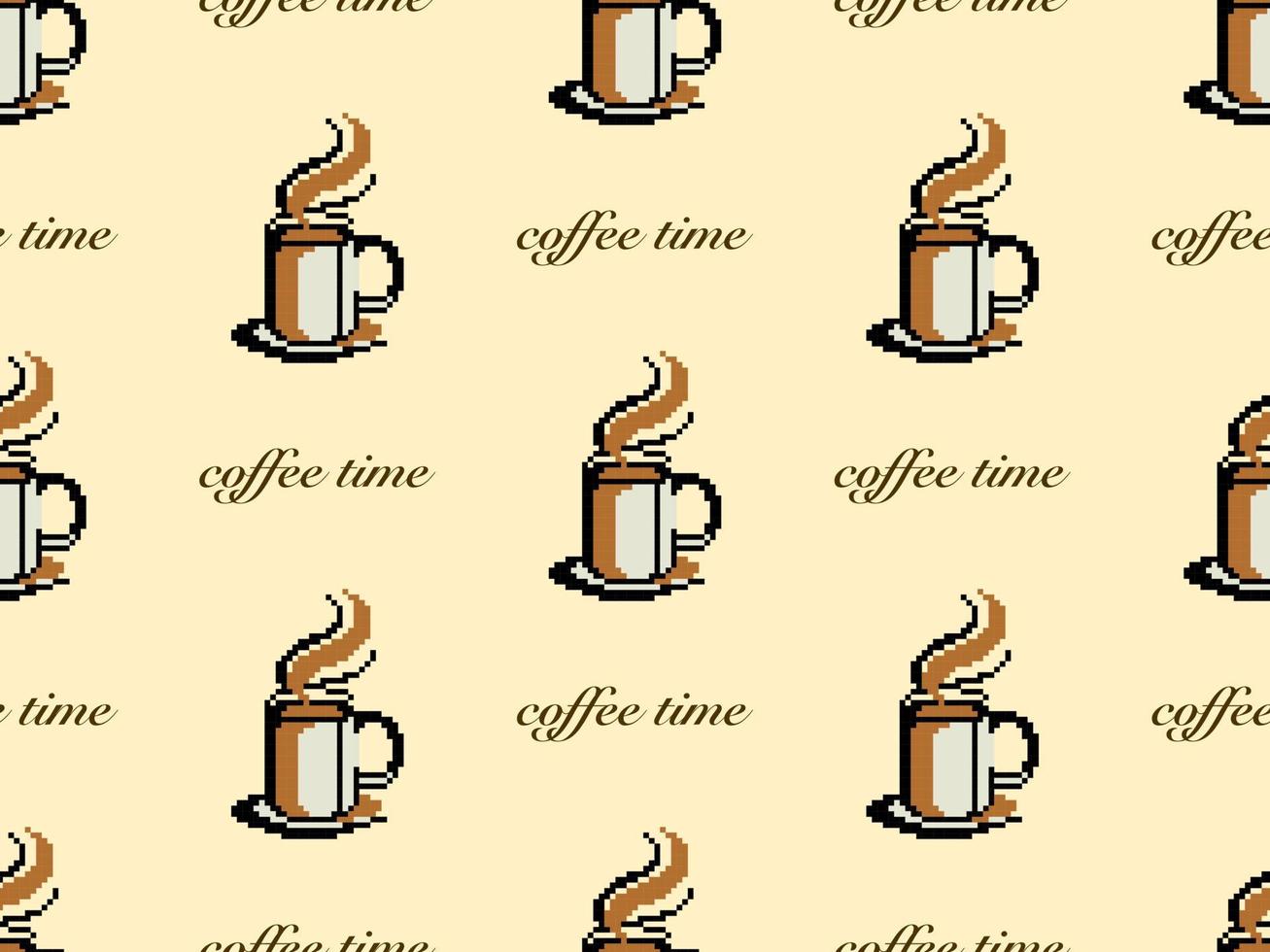 Coffee cartoon character seamless pattern on yellow background. Pixel style vector