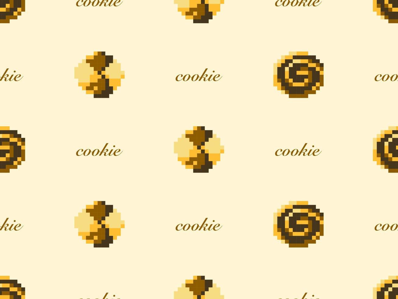 Cookie cartoon character seamless pattern on yellow background.  Pixel style vector
