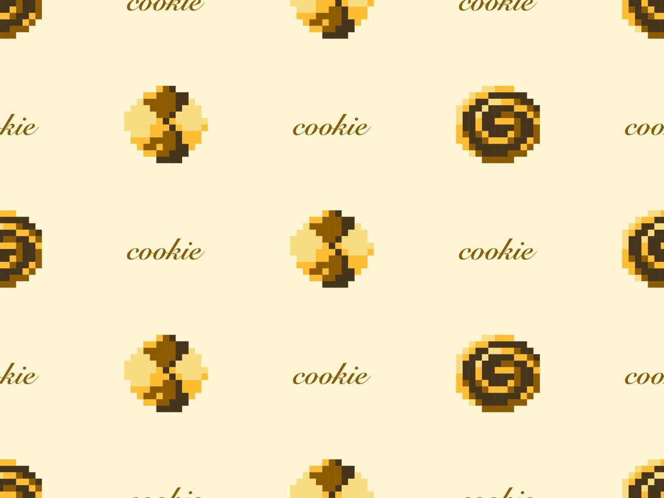 Cookie cartoon character seamless pattern on yellow background.  Pixel style vector