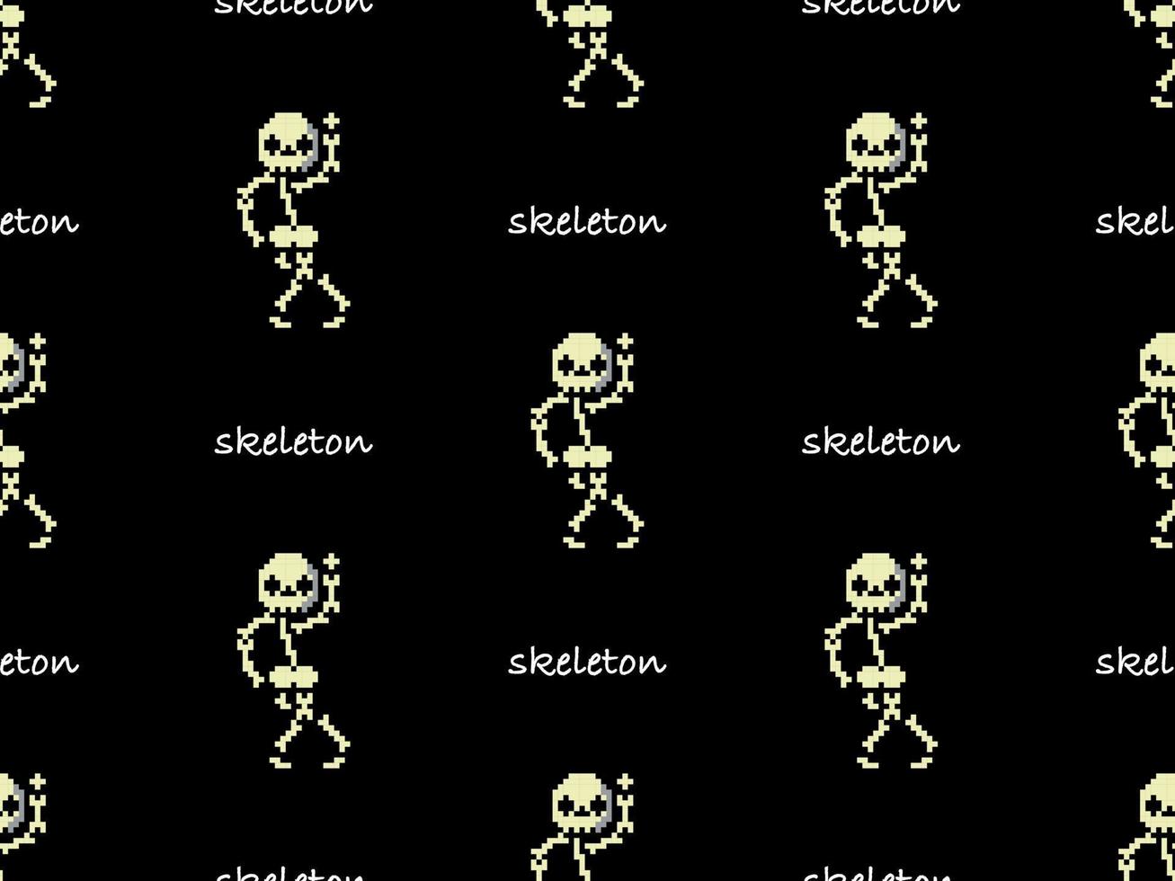 Skeleton cartoon character seamless pattern on black background.  Pixel style vector