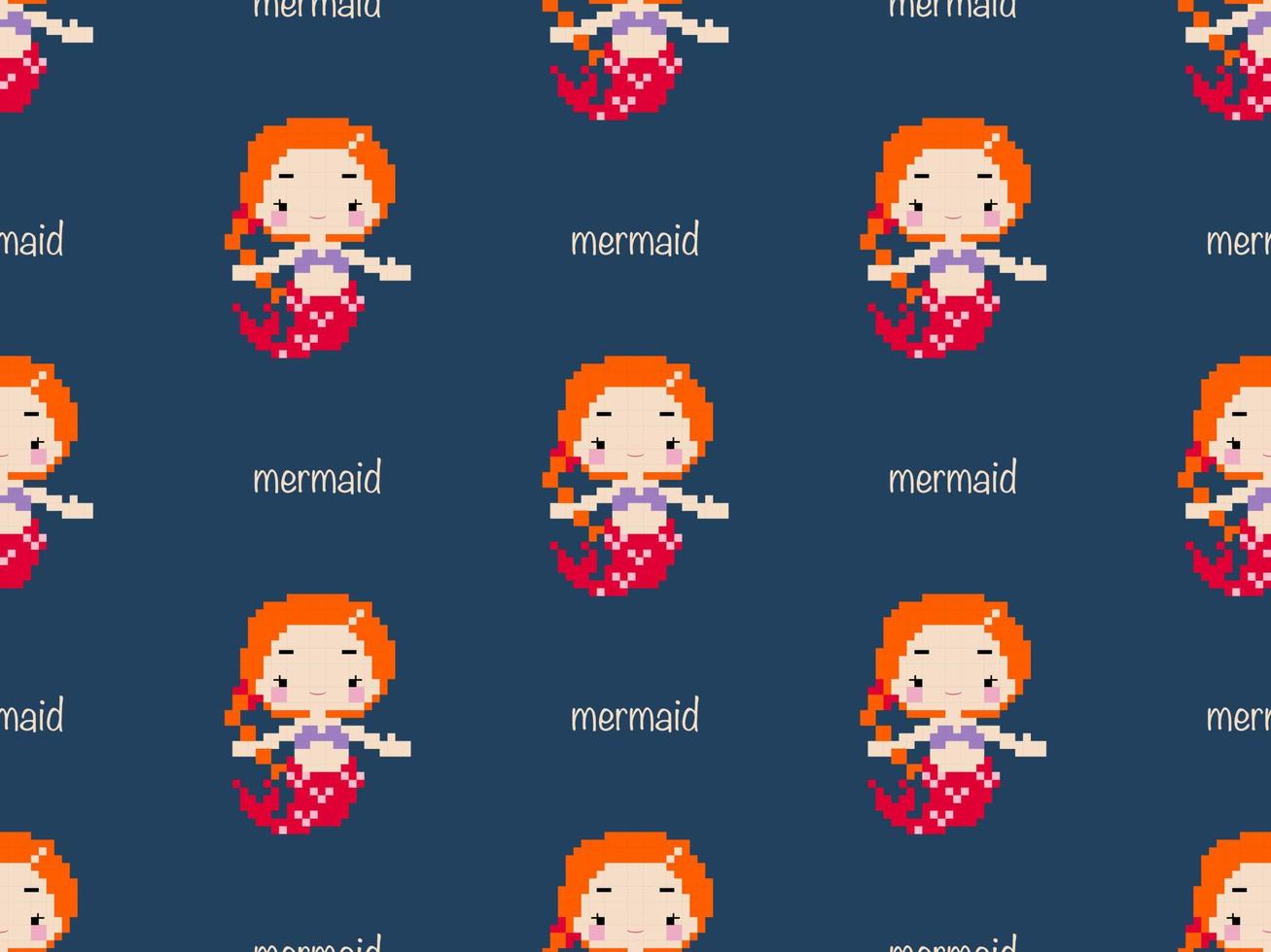 Mermaid cartoon character seamless pattern on blue background.  Pixel style vector