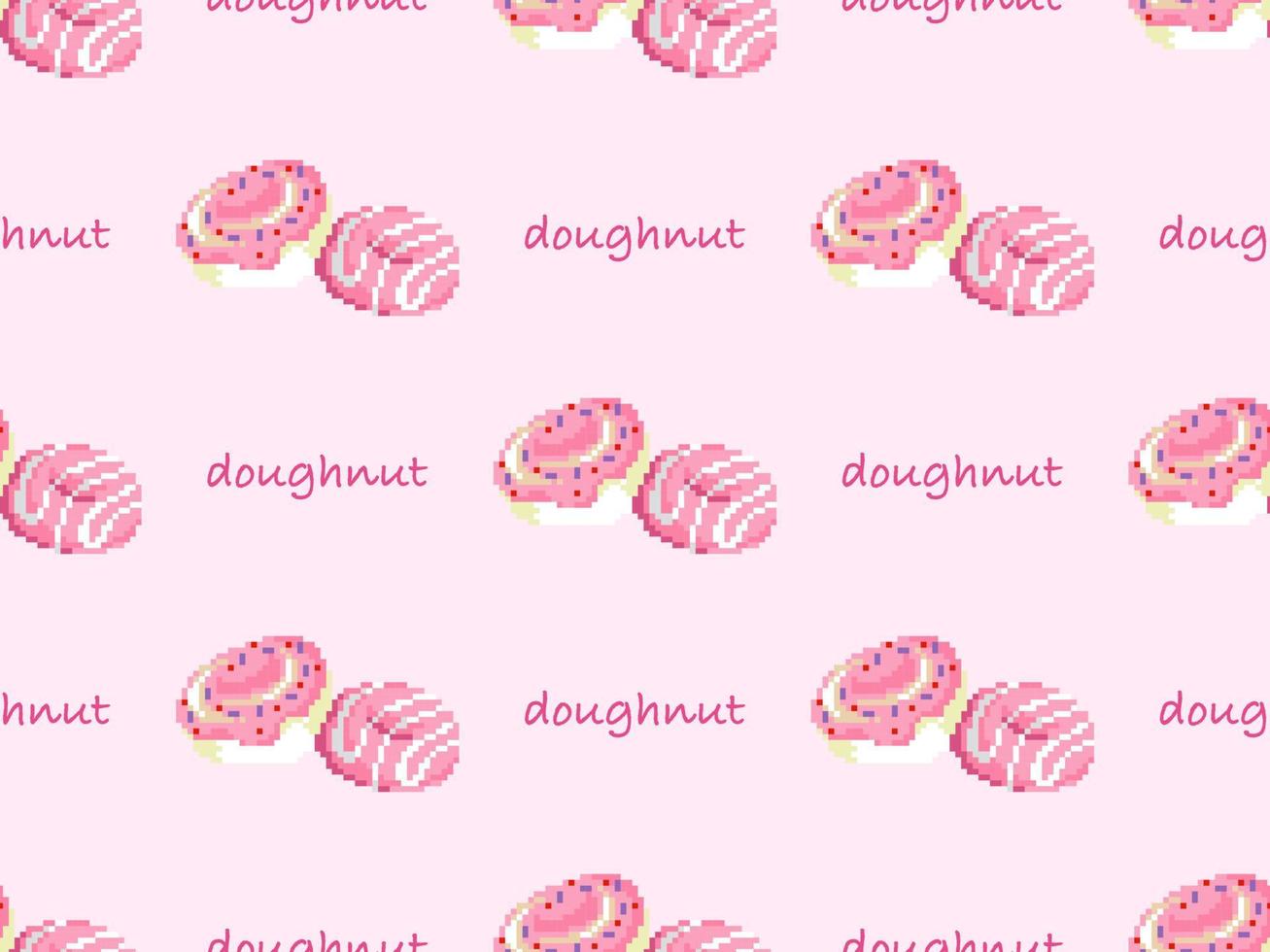 Doughnut cartoon character seamless pattern on pink background.  Pixel style vector