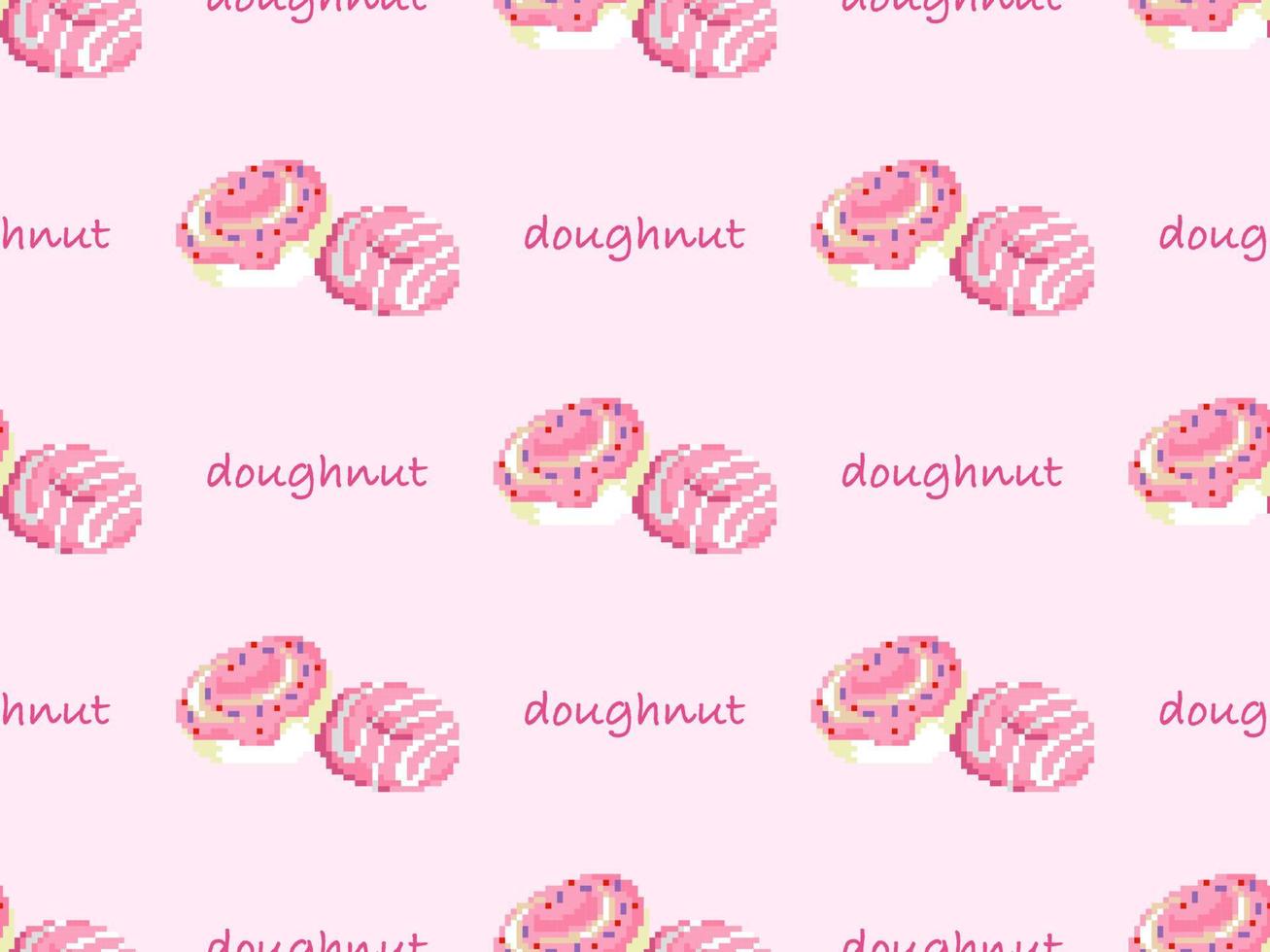 Doughnut cartoon character seamless pattern on pink background.  Pixel style vector