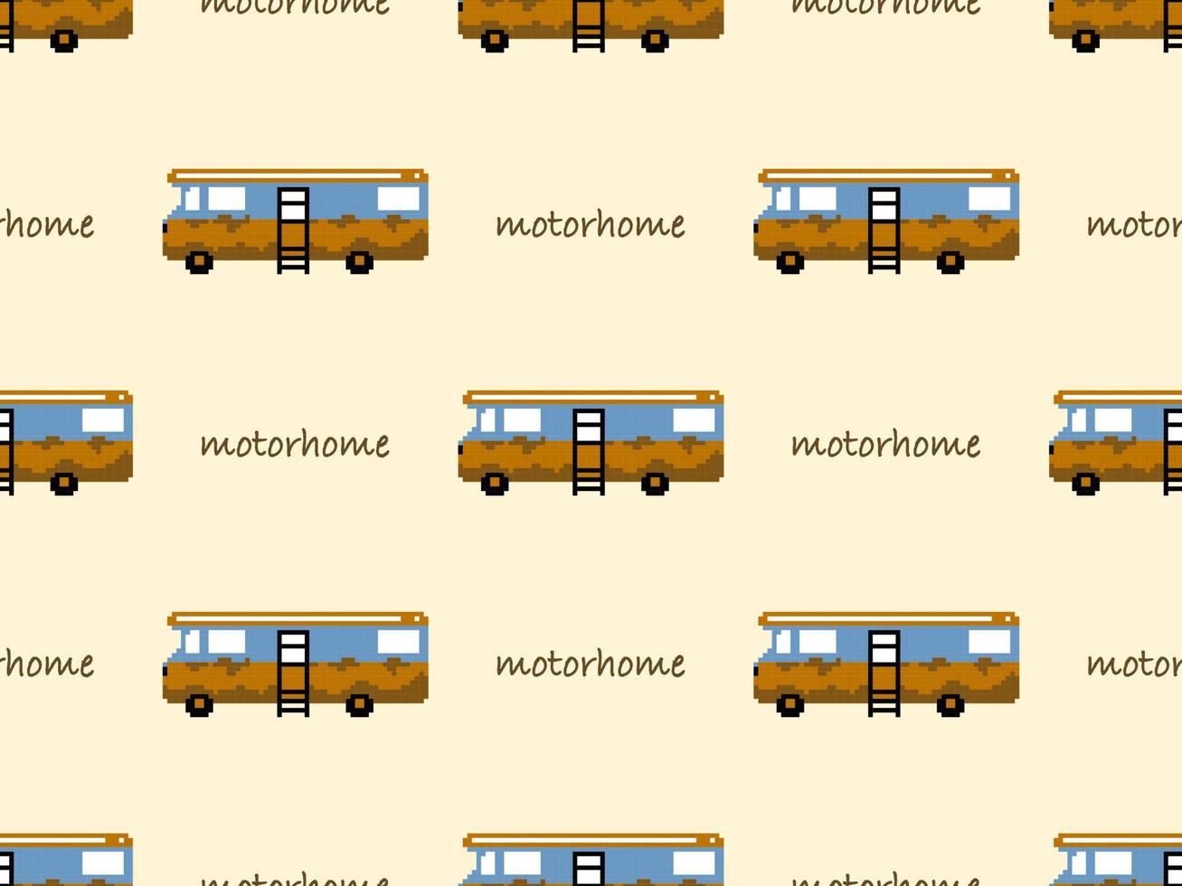 Motorhome cartoon character seamless pattern on yellow background.  Pixel style vector