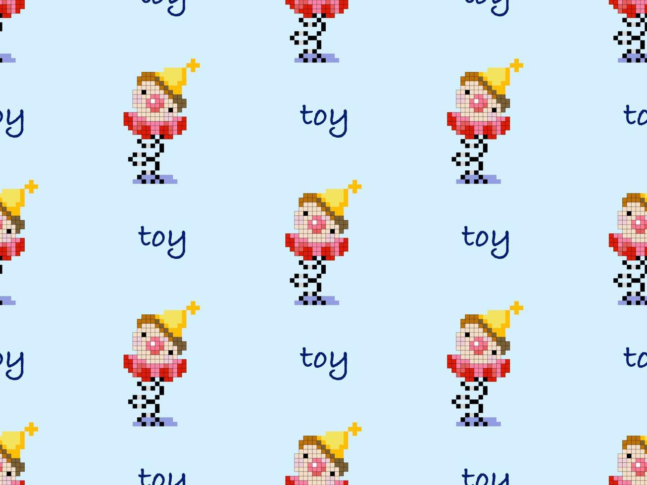 Toy cartoon character seamless pattern on blue background. Pixel style vector