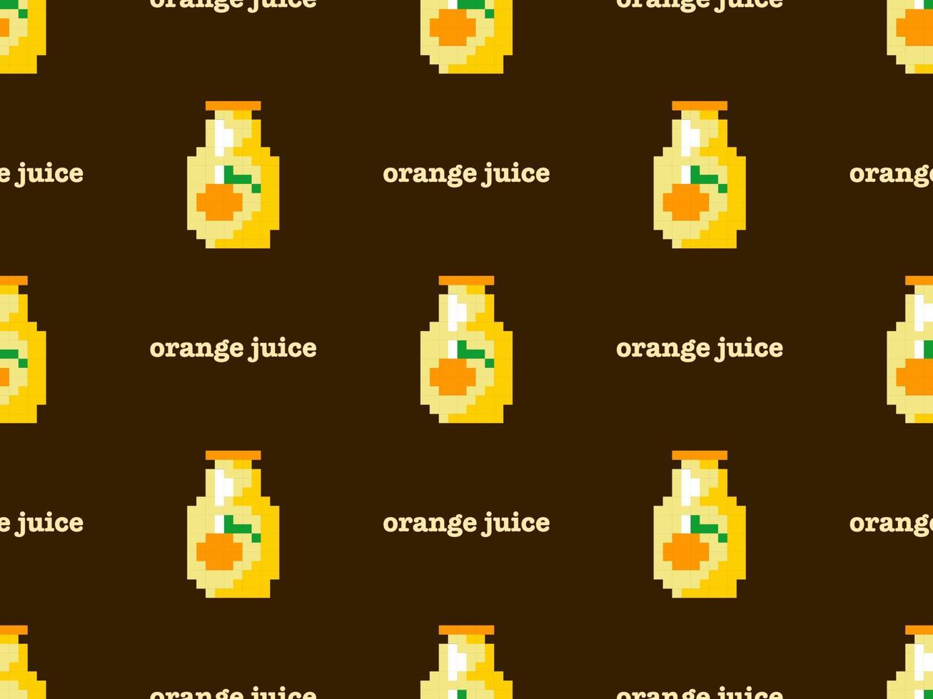 Orange juice cartoon character seamless pattern on brown background. Pixel style vector