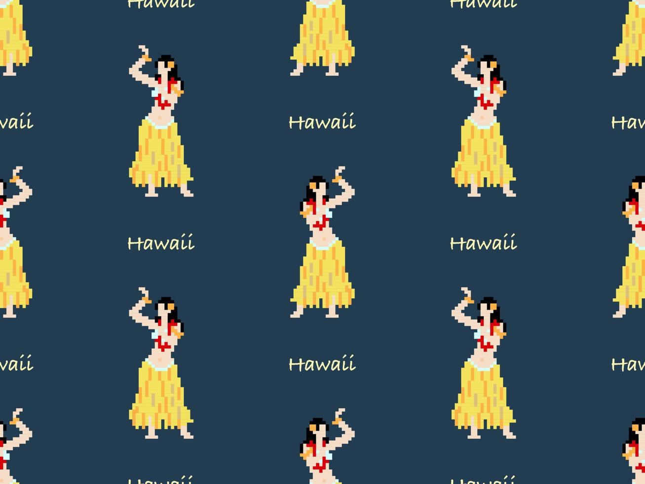 Hawaii cartoon character seamless pattern on blue background. Pixel style vector