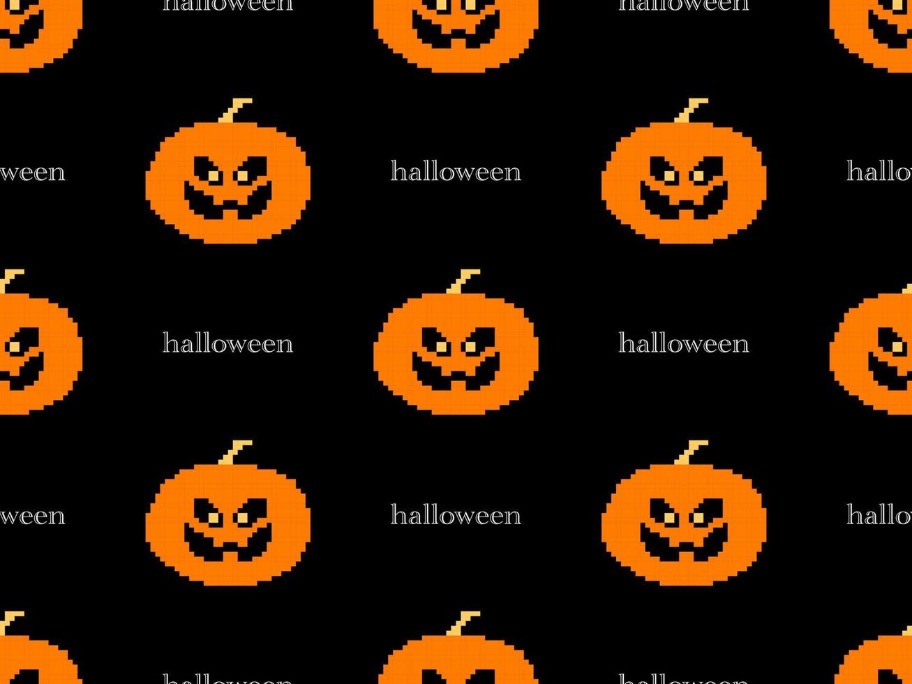 Pumpkin cartoon character seamless pattern on black background. Pixel style vector