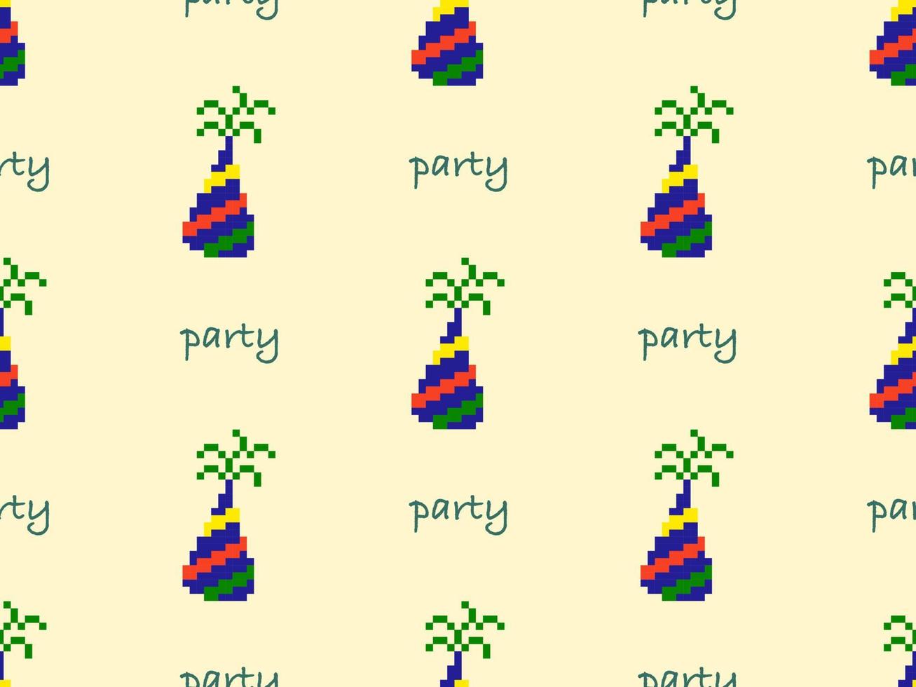 Party cartoon character seamless pattern on yellow background. Pixel style vector