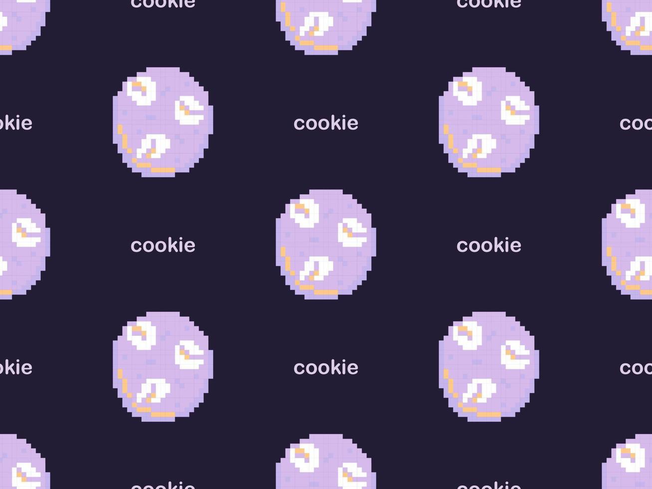 Cookie cartoon character seamless pattern on purple background. Pixel style vector