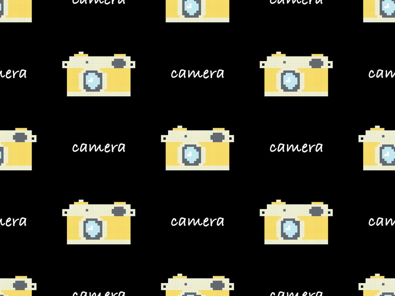 Camera cartoon character seamless pattern on black background.  Pixel style vector