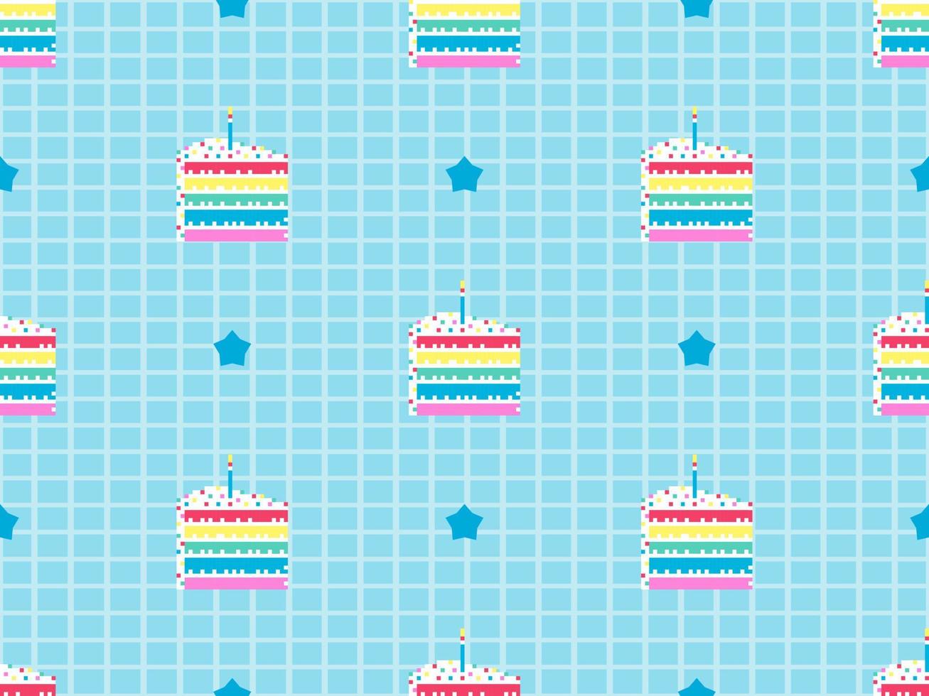Cake cartoon character seamless pattern on blue background.  Pixel style vector