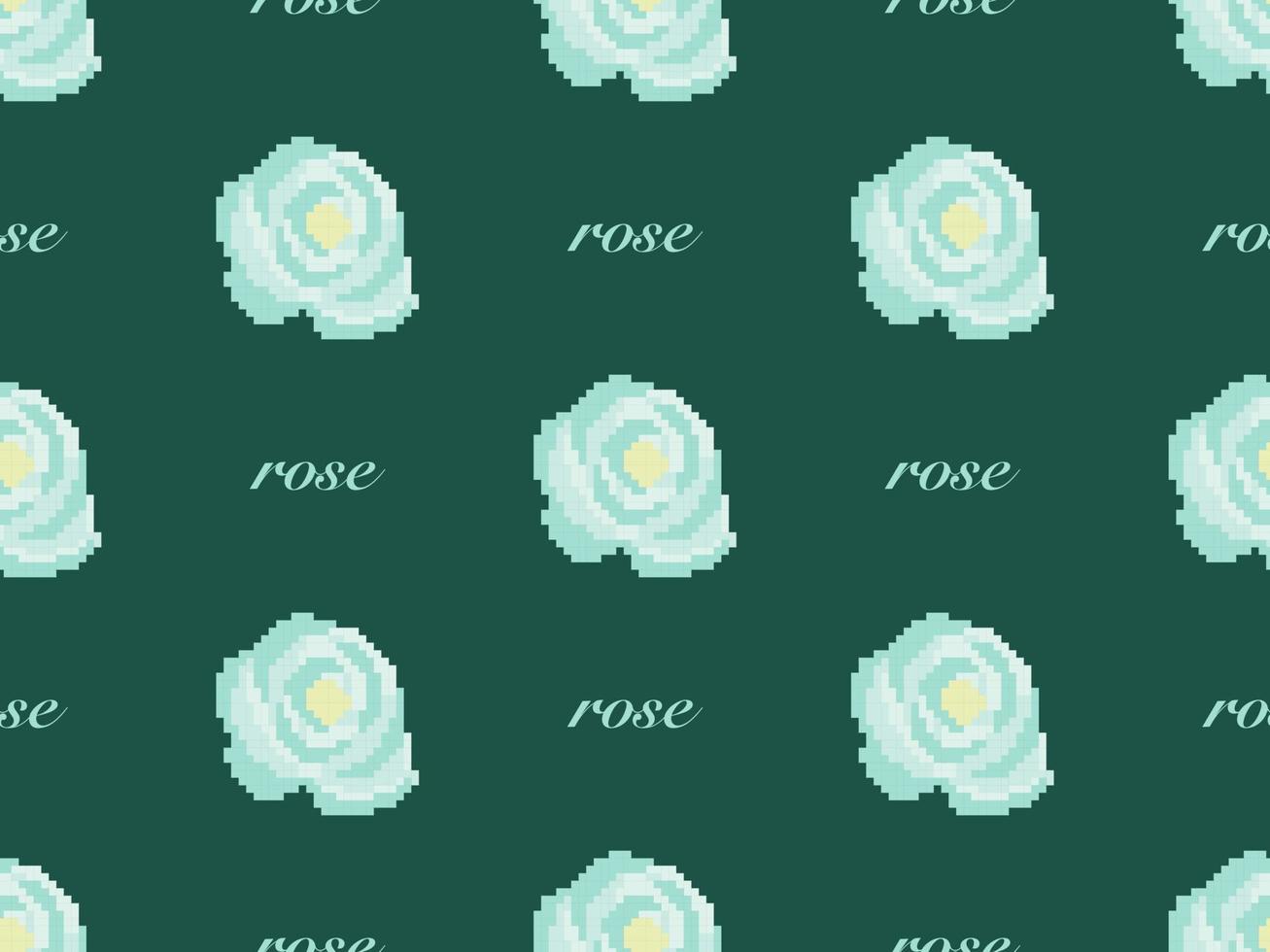 Rose cartoon character seamless pattern on green background.  Pixel style vector