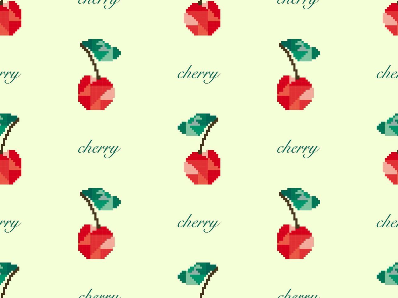 Cherry cartoon character seamless pattern on green background.  Pixel style vector