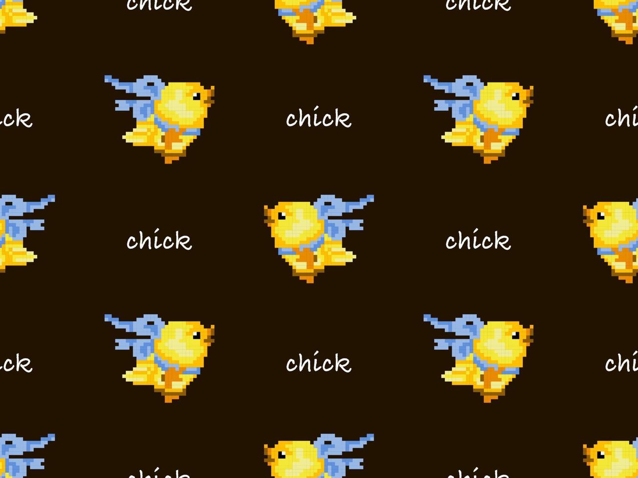 Chick cartoon character seamless pattern on brown background. Pixel style vector