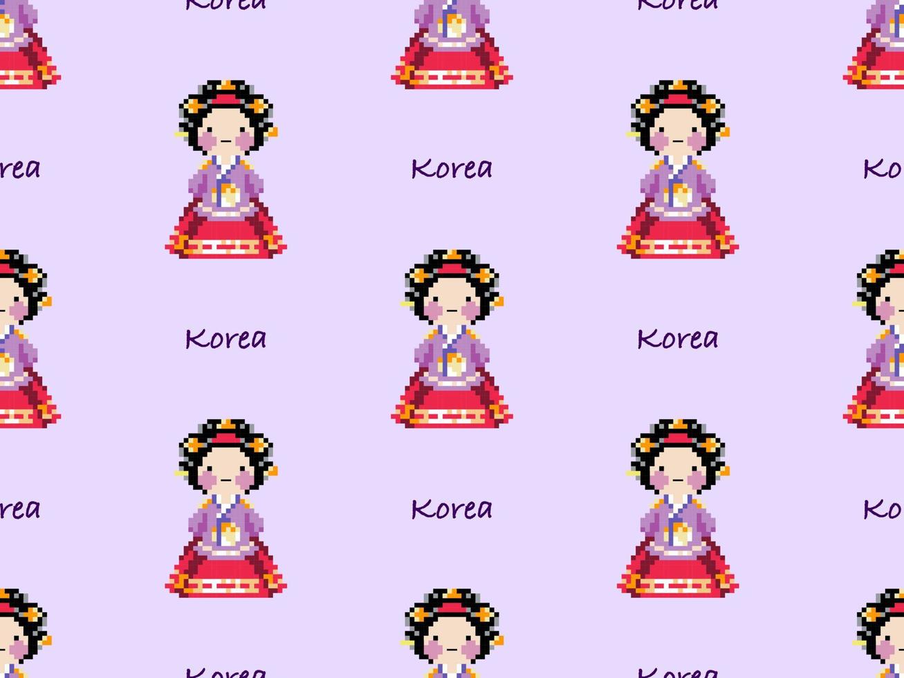 Hanbok cartoon character seamless pattern on purple background.  Pixel style vector