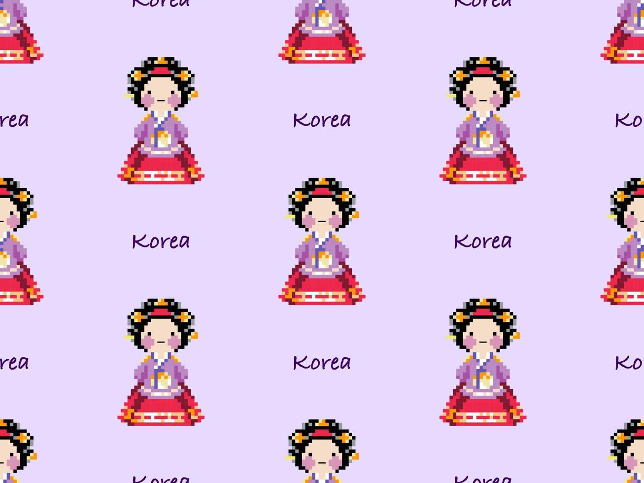 Hanbok cartoon character seamless pattern on purple background.  Pixel style vector