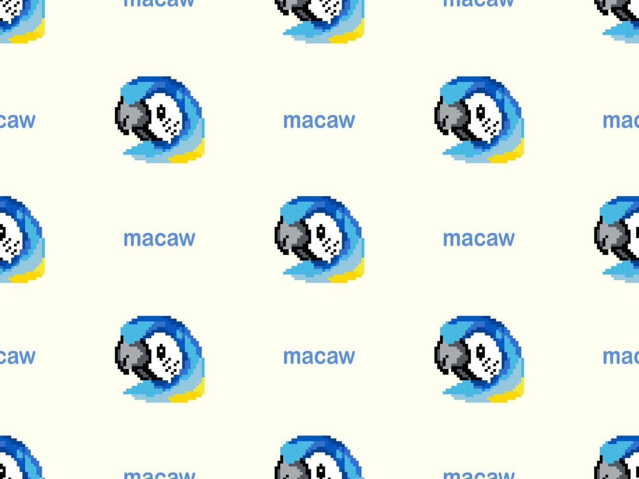 Macaw cartoon character seamless pattern on yellow background.  Pixel style vector