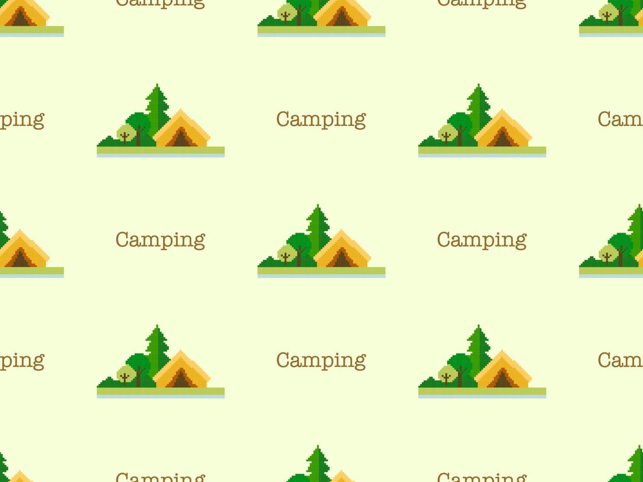 Camping cartoon character seamless pattern on yellow background. Pixel style vector