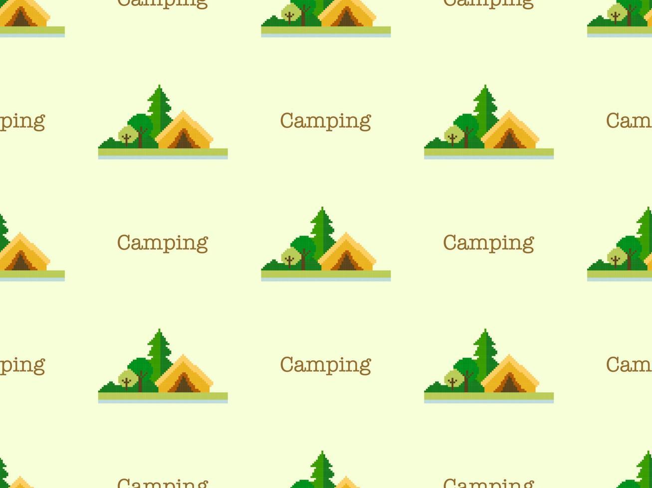 camping personaje de dibujos animados de patrones sin fisuras sobre fondo amarillo. estilo de píxel vector