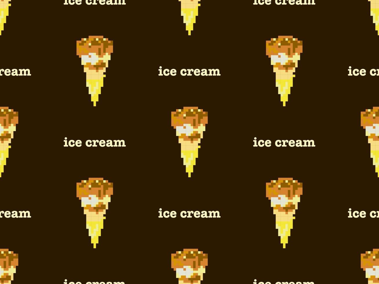 Ice cream cartoon character seamless pattern on brown background. Pixel style vector