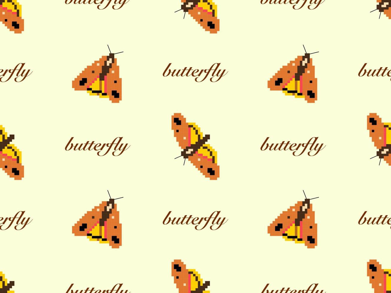Butterfly cartoon character seamless pattern on yellow background.  Pixel style vector