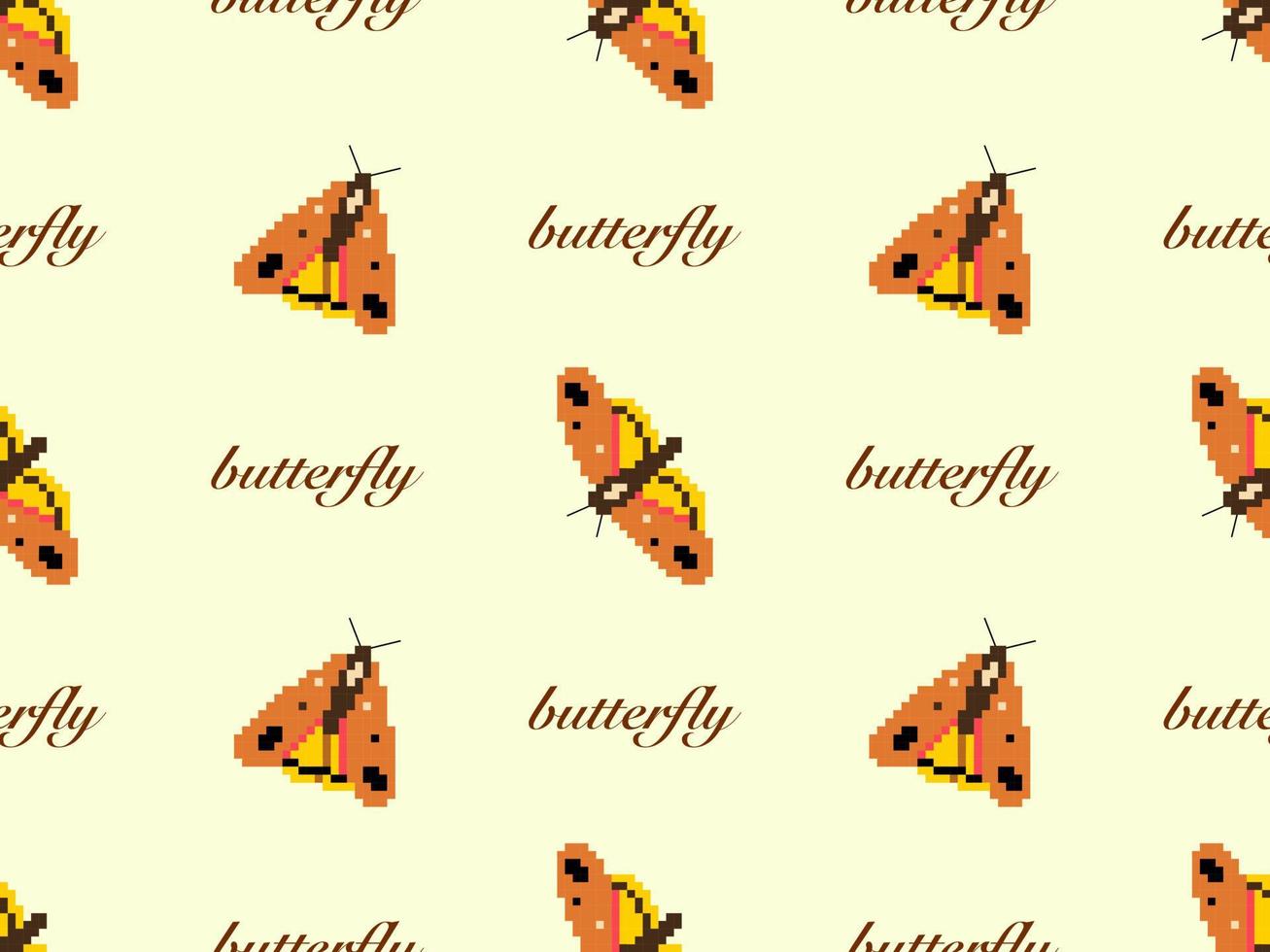 Butterfly cartoon character seamless pattern on yellow background.  Pixel style vector