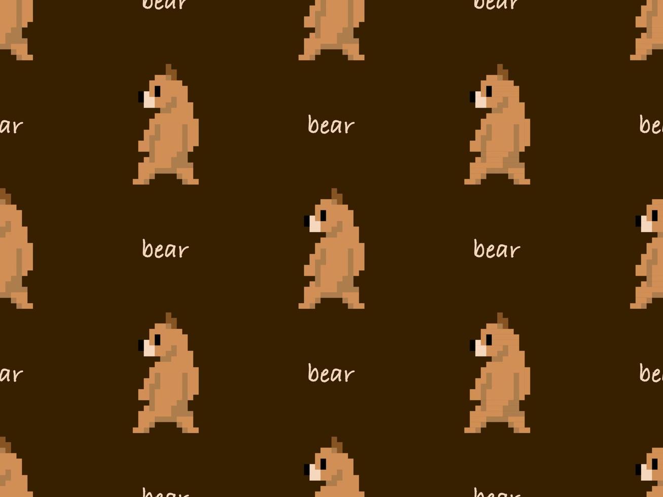 Bear cartoon character seamless pattern on brown background.  Pixel style vector