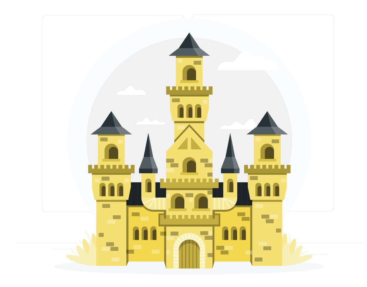 Yellow castle with black roof, high towers and grating on windows vector