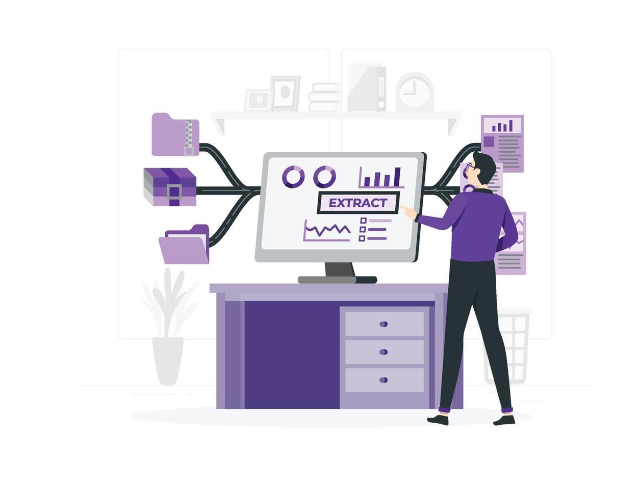Man works on data extraction flat design vector