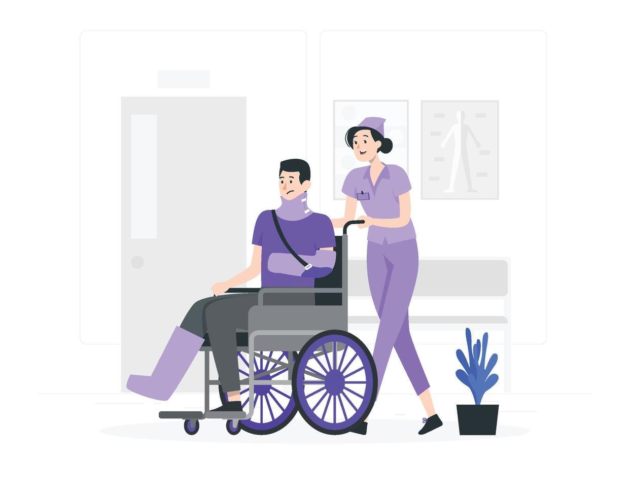 una enfermera empujando una silla de ruedas para un hombre vector