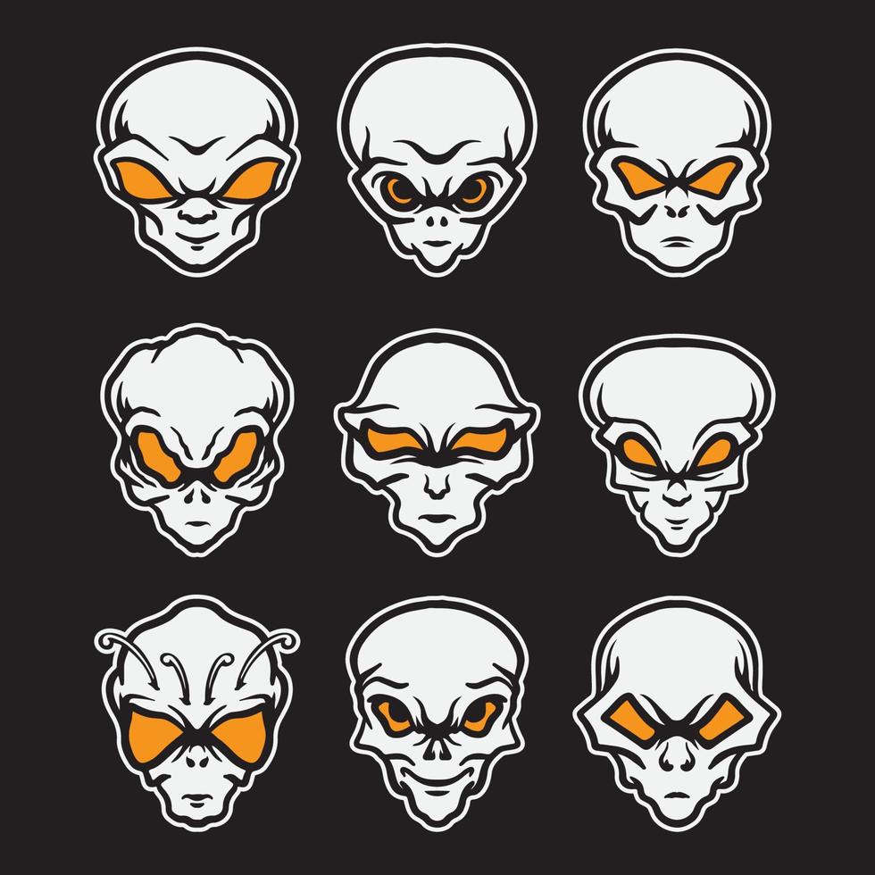 Set of alien head drawing illustration. vector