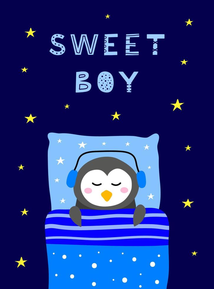 Poster with scandinavian lettering and doodle sleeping penguin in bed with pillow, blanket. vector