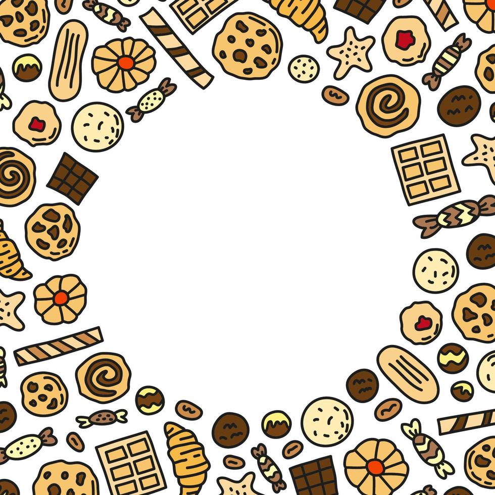 Poster with colored doodle cookies, waffles and candies on white background. vector