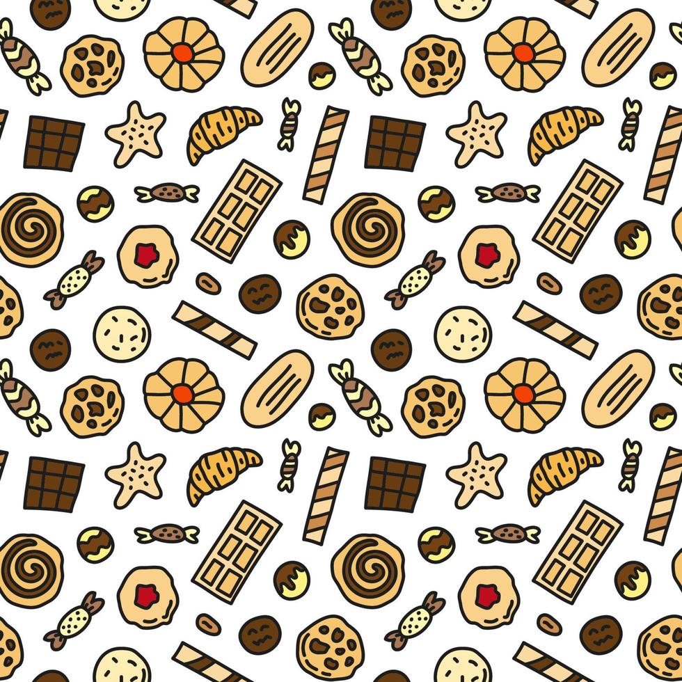 Seamless pattern with doodle colored cookies, waffles and candies. vector
