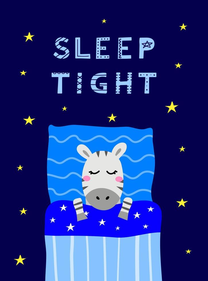 Poster with scandinavian lettering and doodle sleeping zebra in bed with pillow, blanket. vector